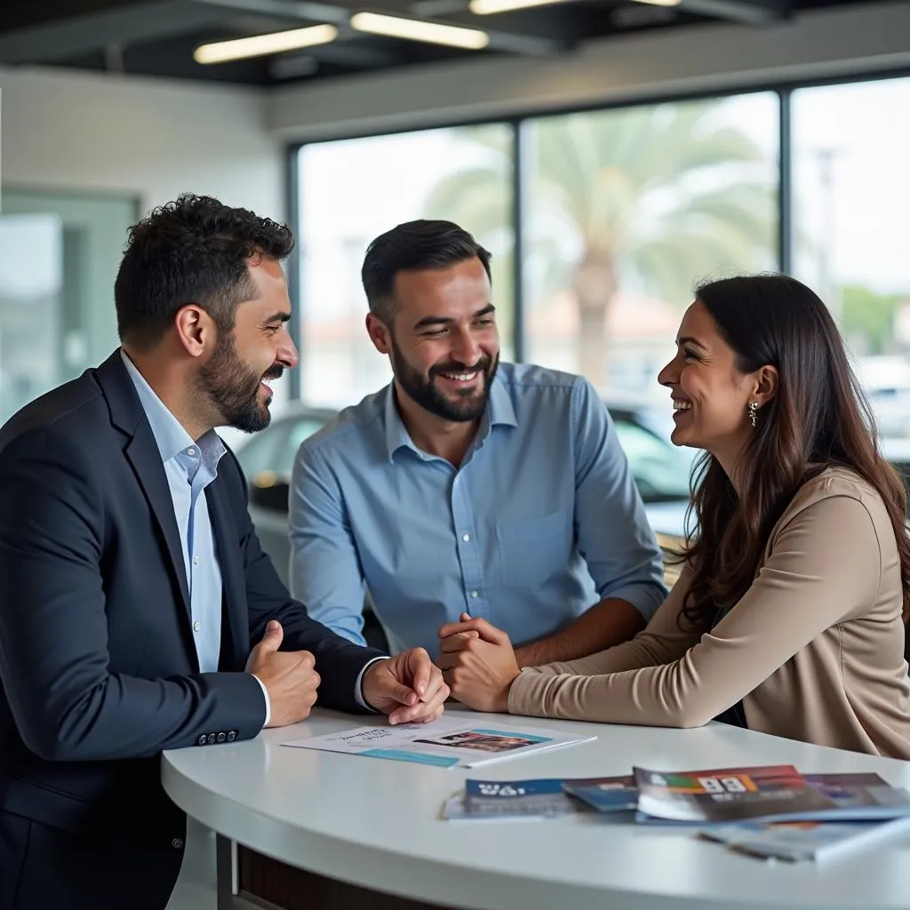 Spanish-speaking car salesperson explaining car features to a couple