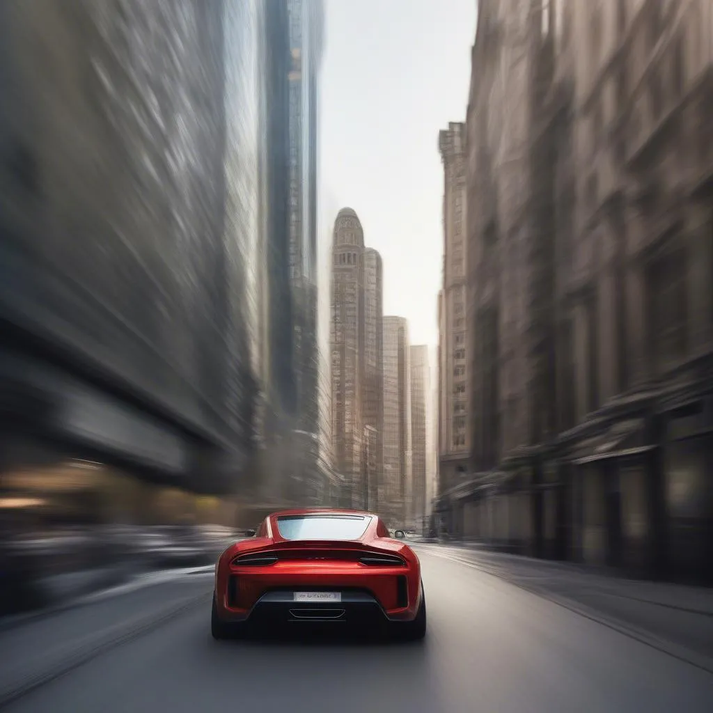 sleek sports car roaring down a bustling city street