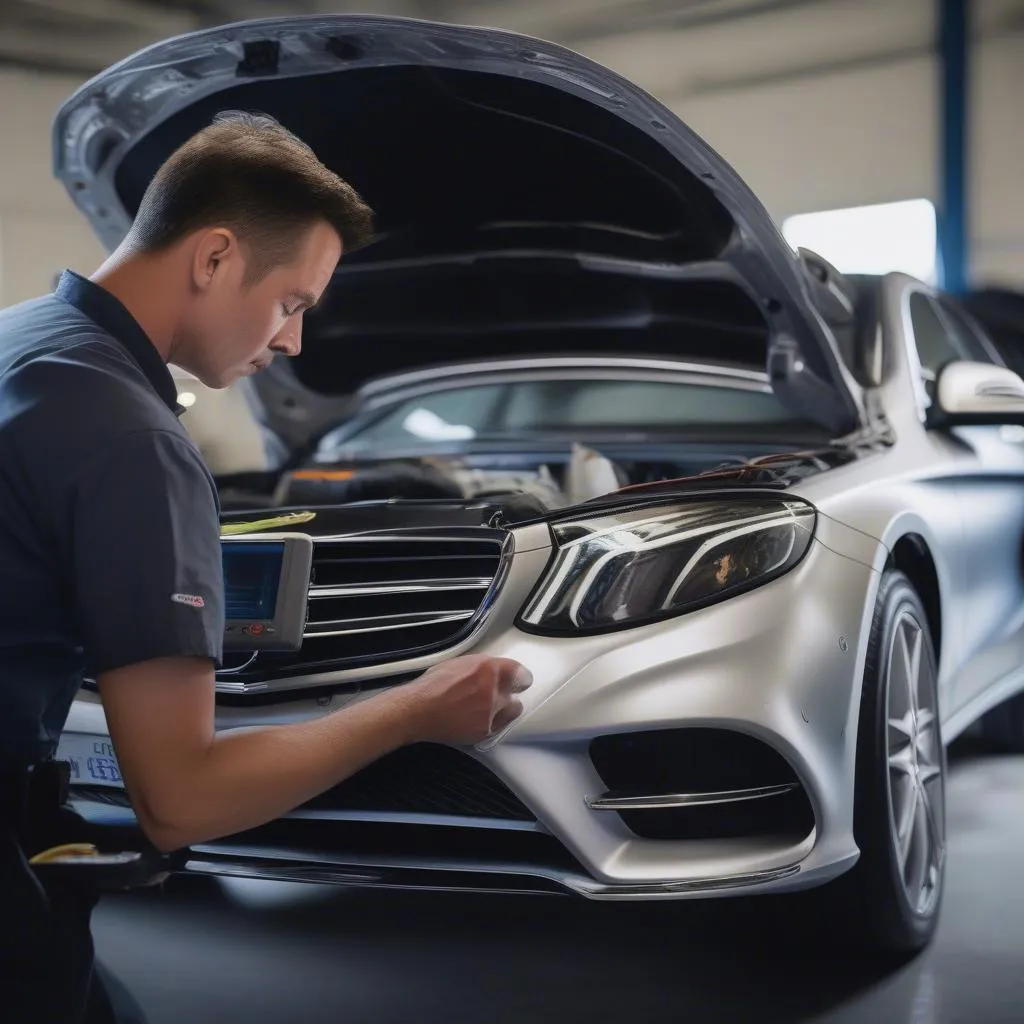 Mechanic using a spy scanning tool on a car