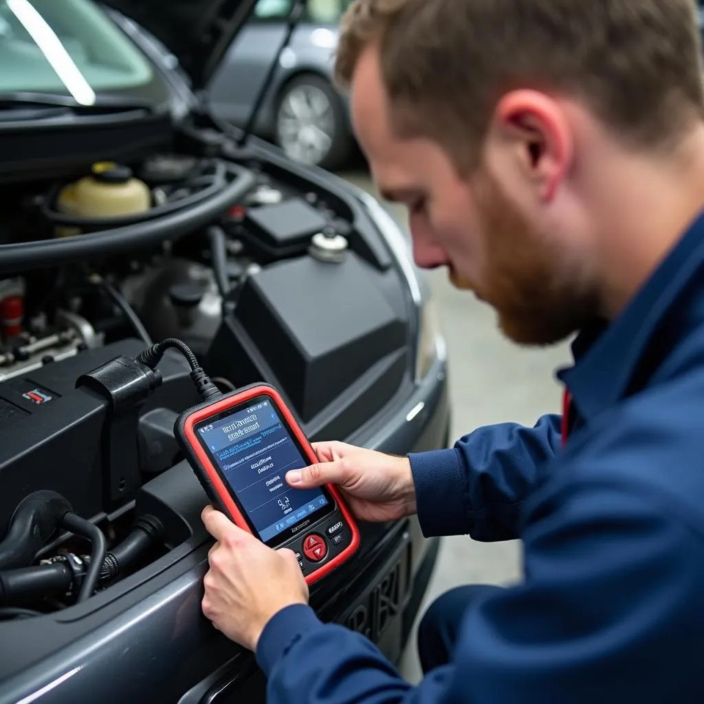 Mechanic using a Star Scan Tool for vehicle diagnostics