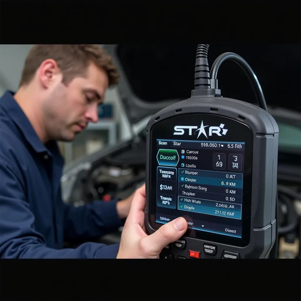 Mechanic diagnosing engine issues using a Star Scan Tool