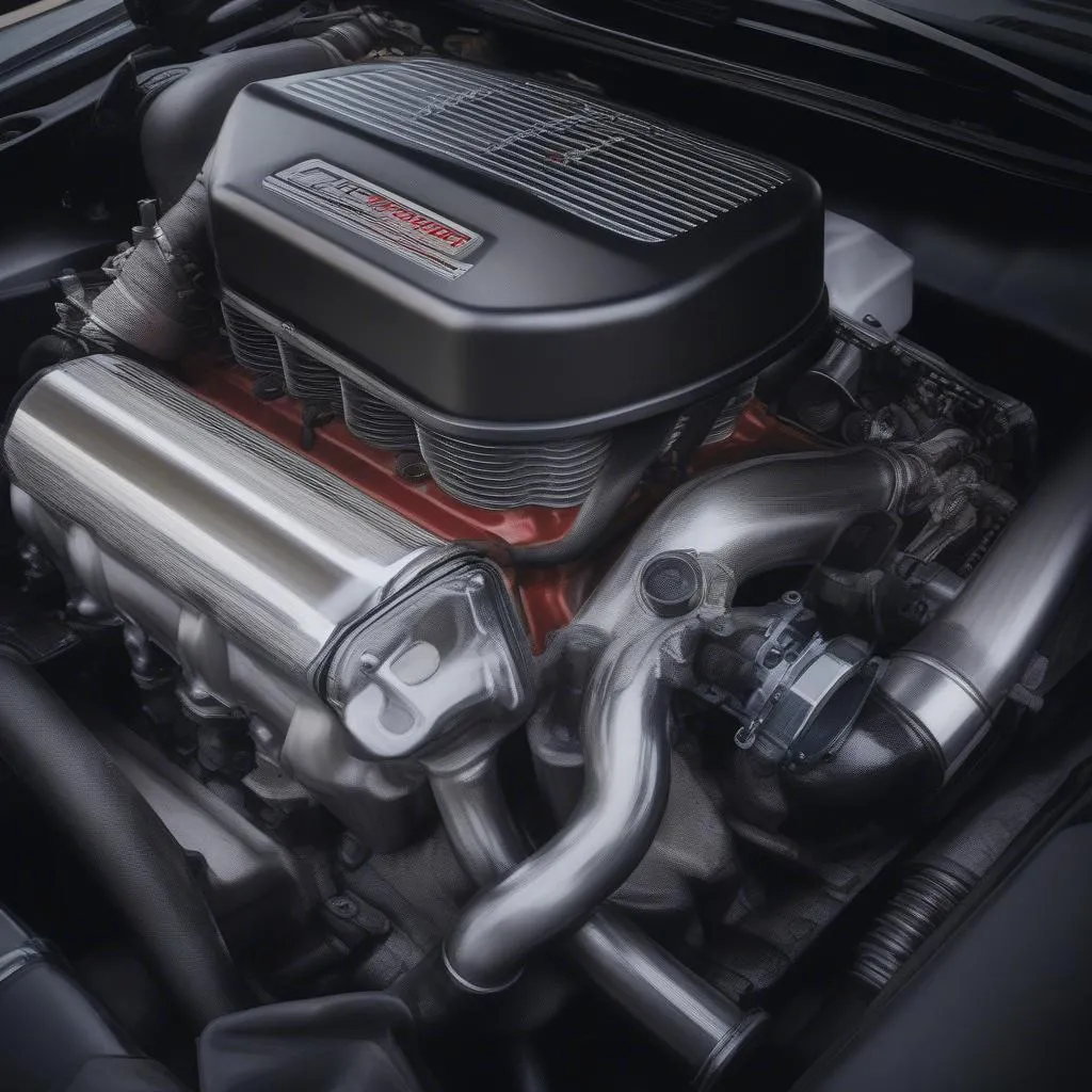 Street racing car modifications: A close-up look at a tuned engine with a supercharger installed