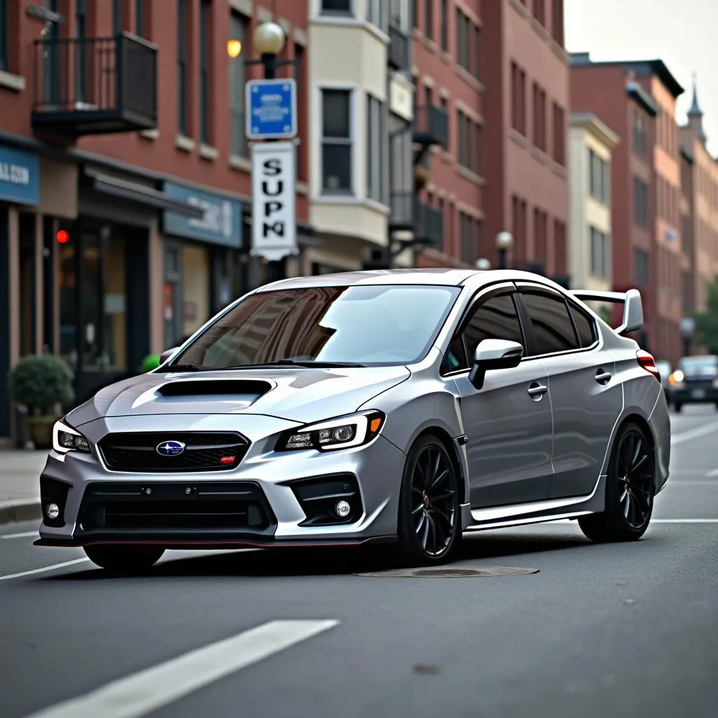 Subaru WRX parked on a bustling city street