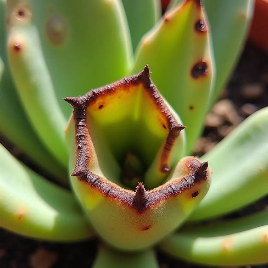 Close-up of a sunburned succulent leaf