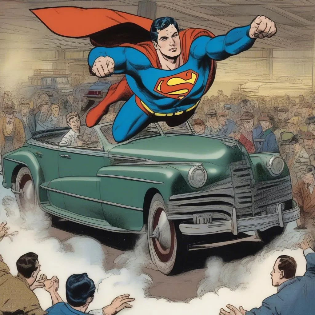 Superman lifting a car in Action Comics