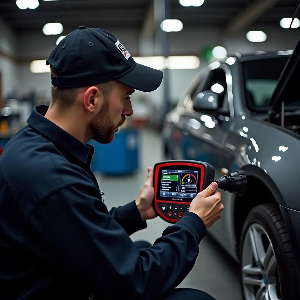 Mechanic using a sweep test scan tool on a car