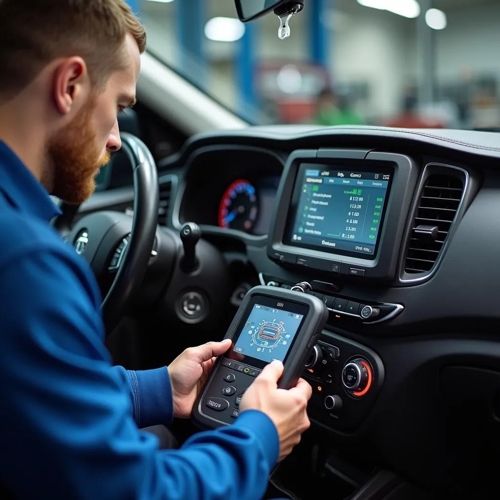 Mechanic using a system hardware scanning tool on a car