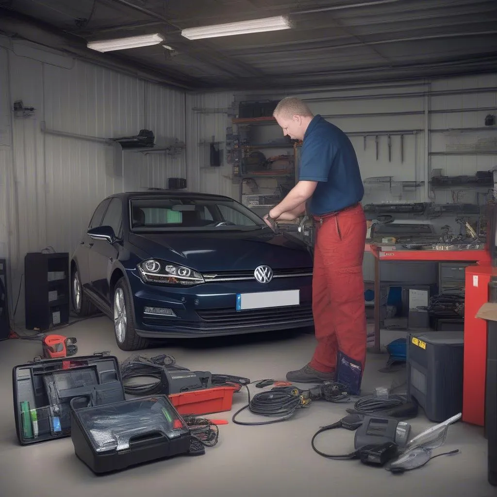 Tech 2 scan tool being used to flash the ECU of a European car