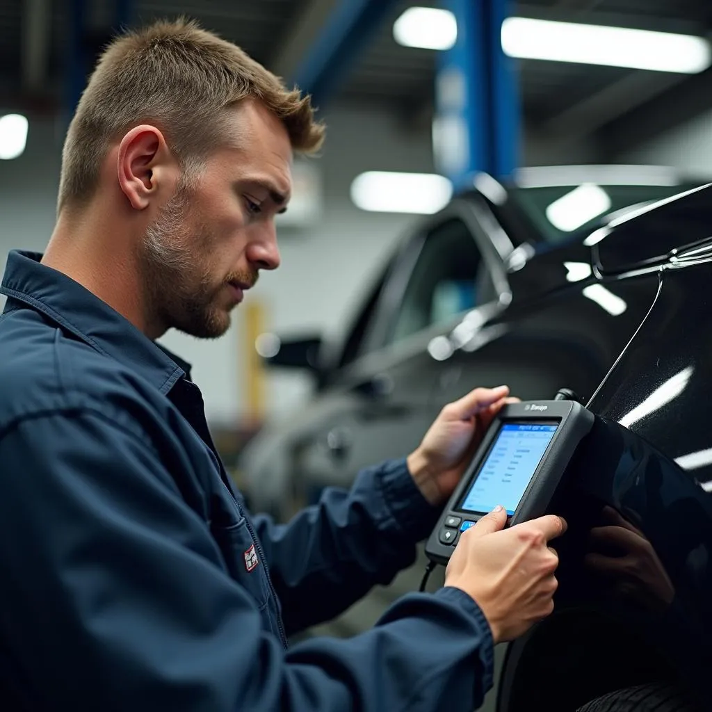 Mechanic using Tech 2 scan tool on a Cadillac