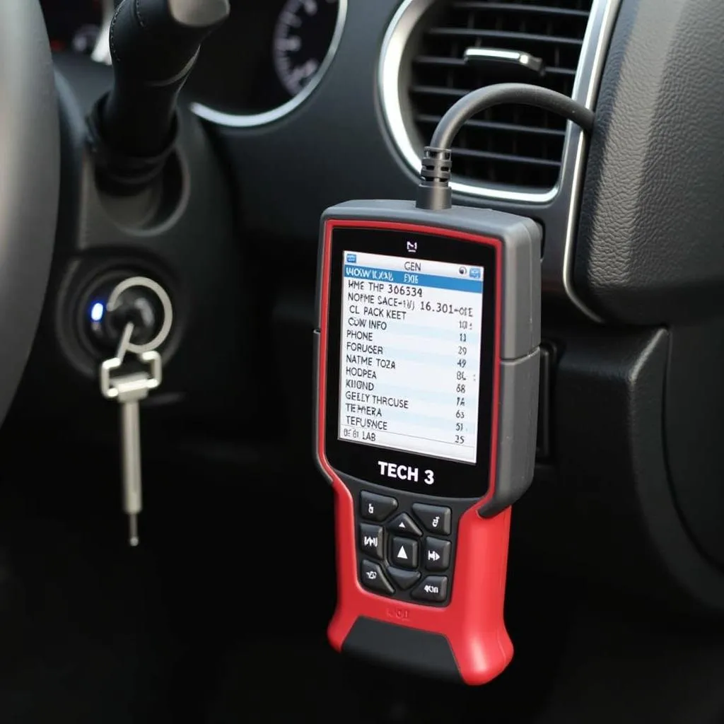 Tech 3 scan tool connected to a car's OBD port