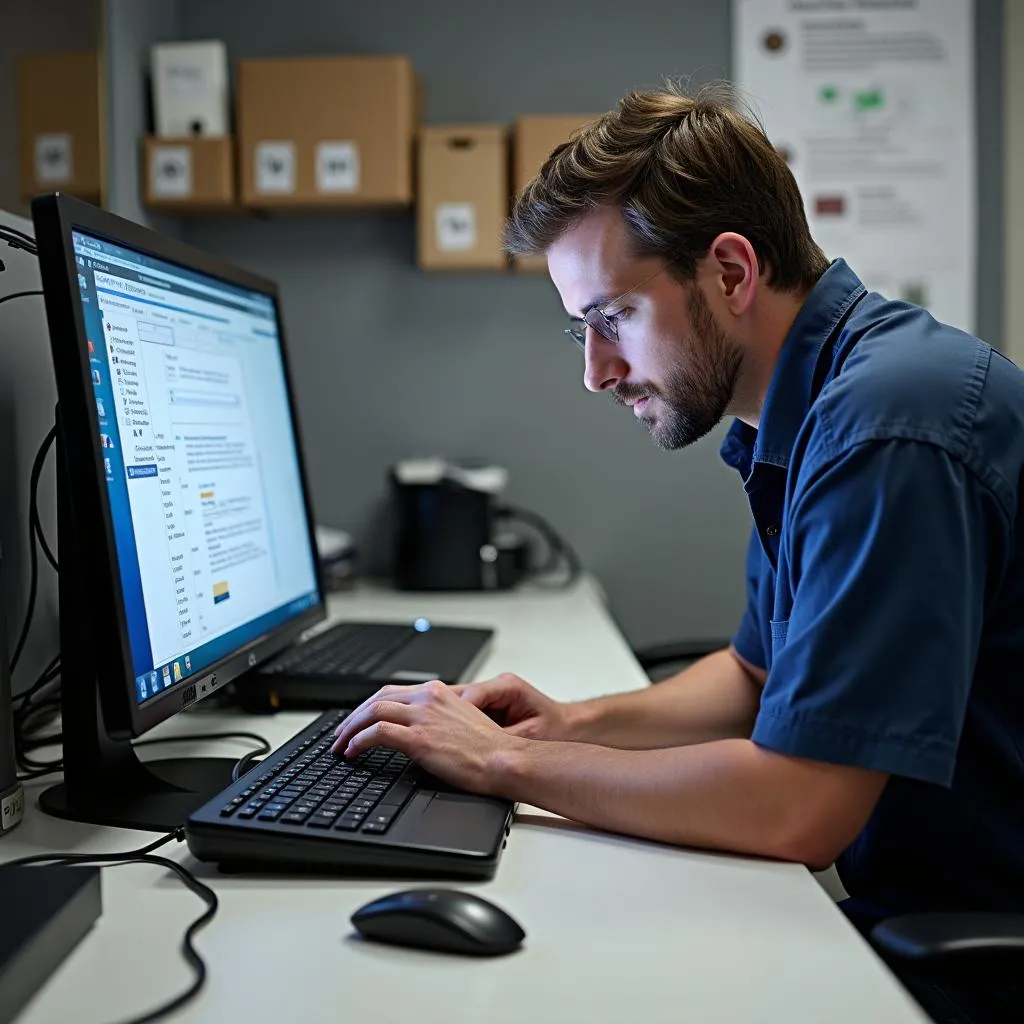 Technician Troubleshooting Kodak Scanner