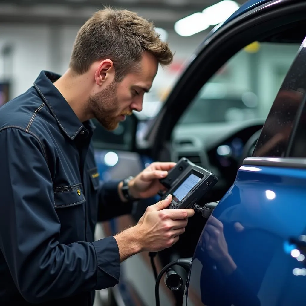 Skilled Technician Diagnosing Electrical Fault in European Car