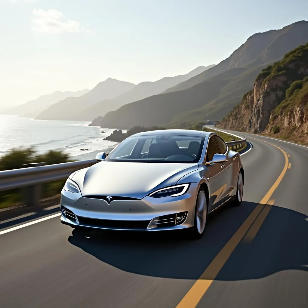 Tesla Model S Driving on a Scenic Highway