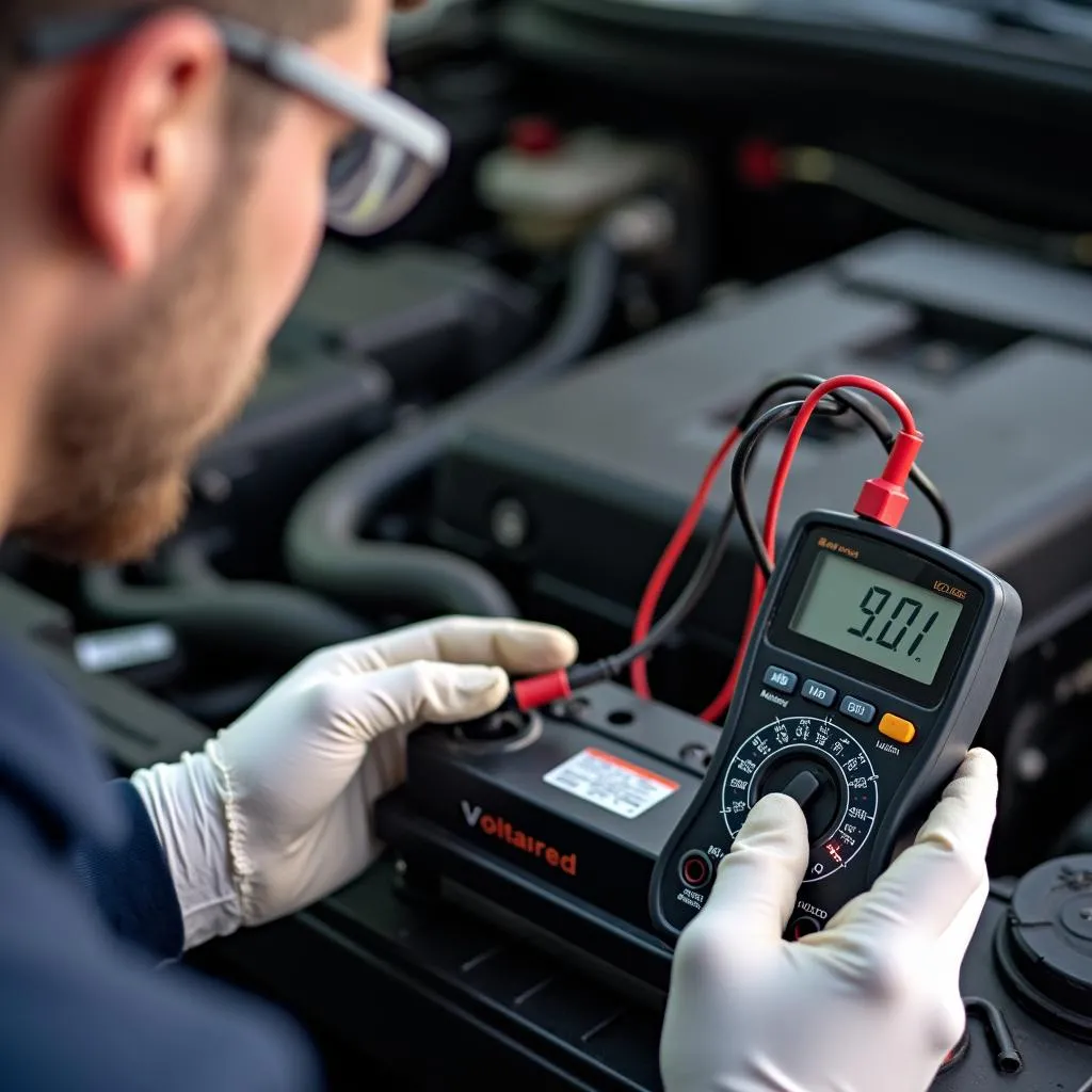 Mechanic testing car battery voltage using a digital multimeter