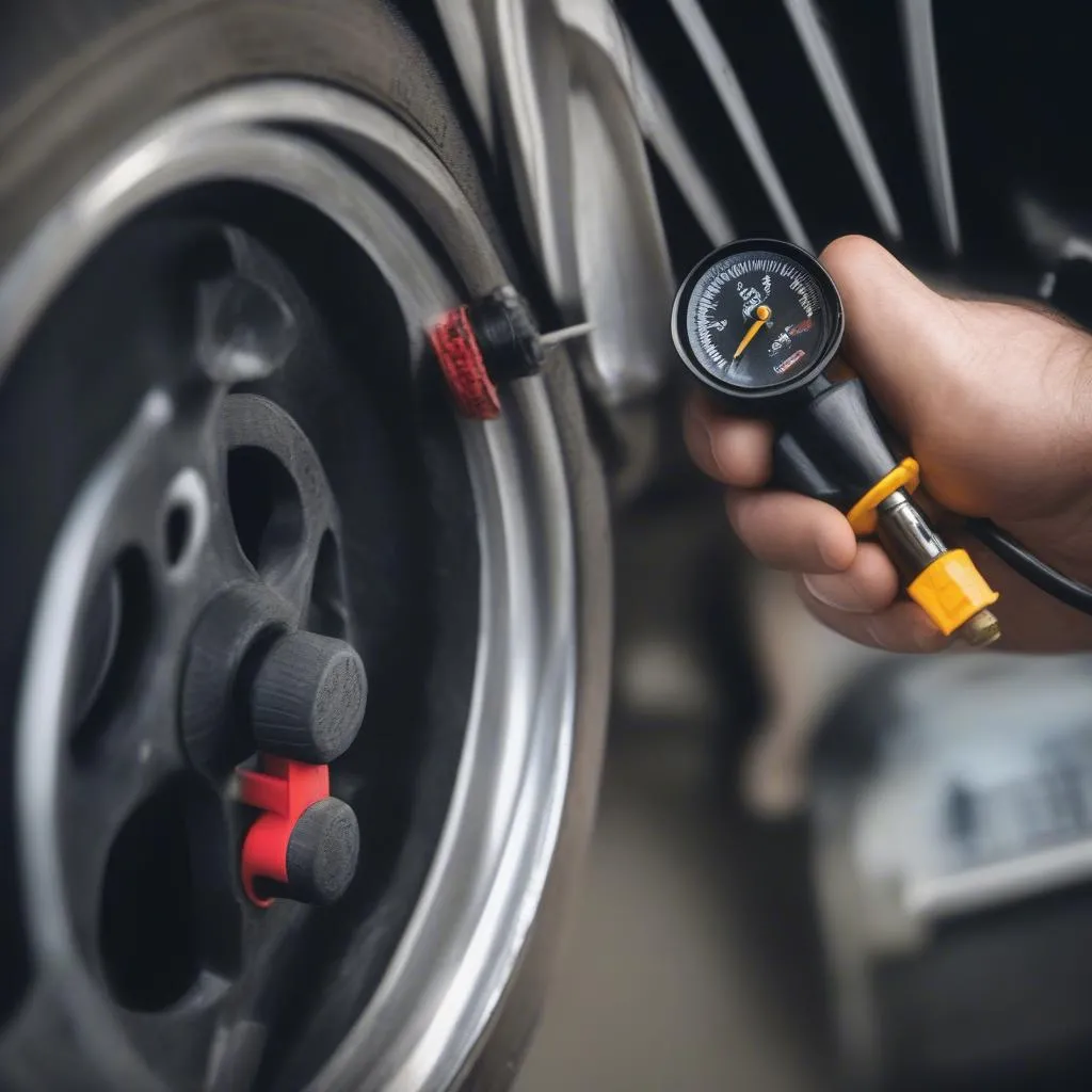 Mechanic checking tire pressure and tread depth