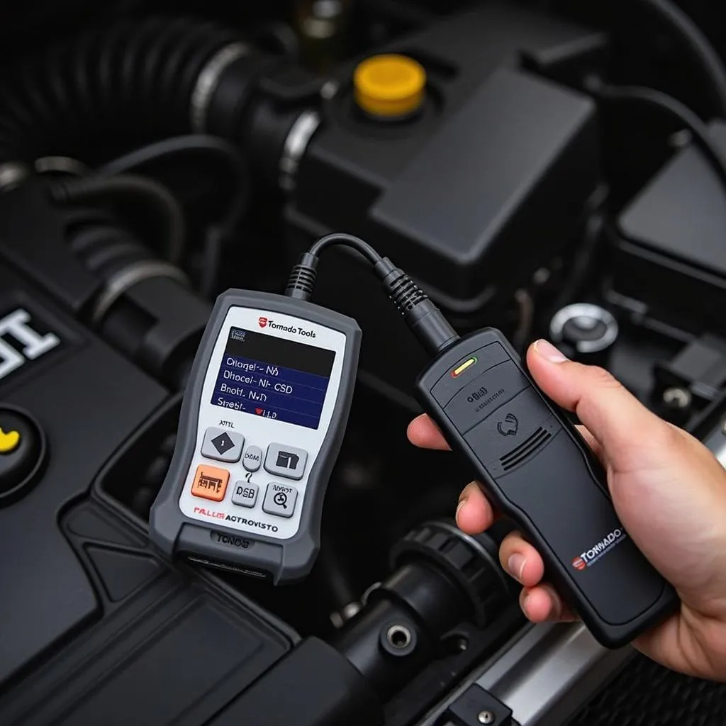 Mechanic using a Tornado Tools OBD Scan Tool on a car engine