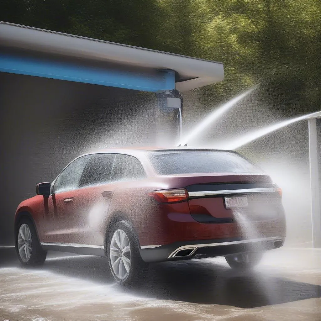 A touchless car wash system in action