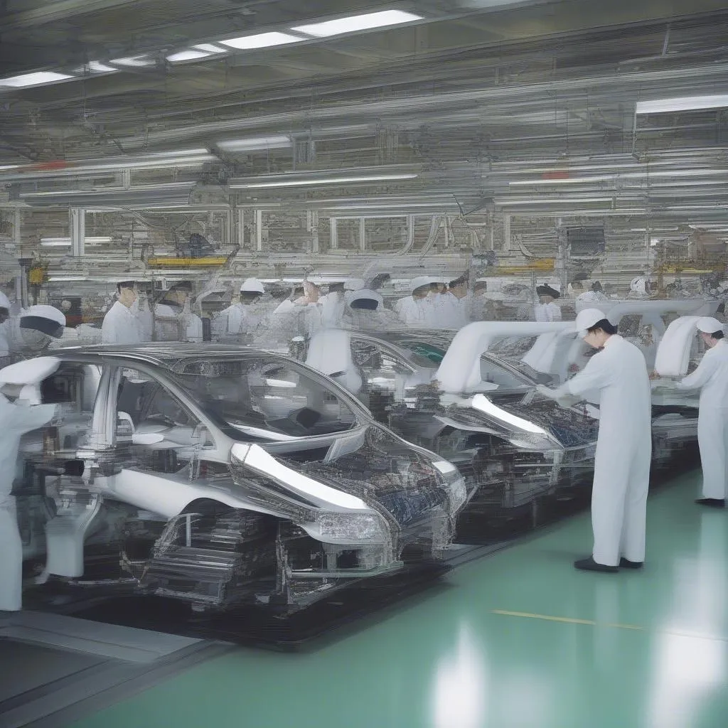 Toyota production line assembly plant, workers and robots