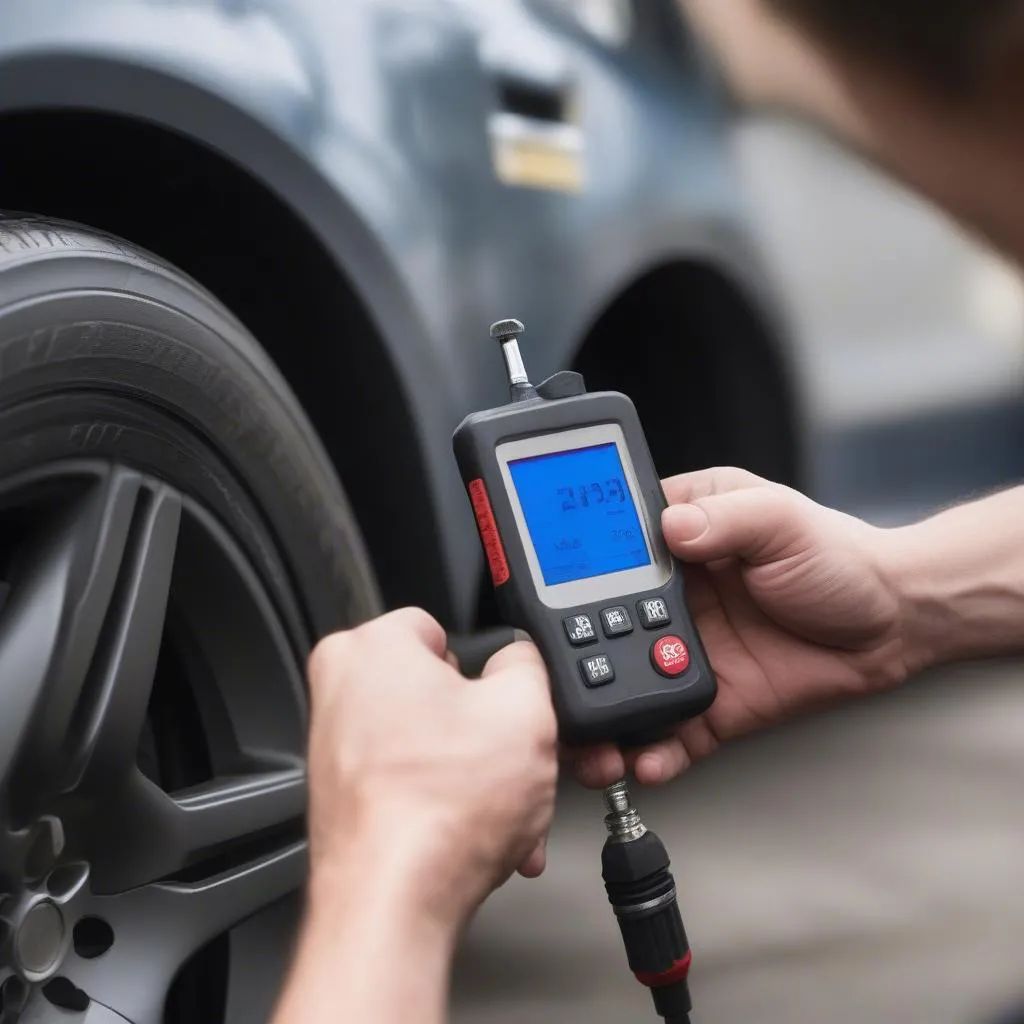 Mechanic using a TPMS reset tool