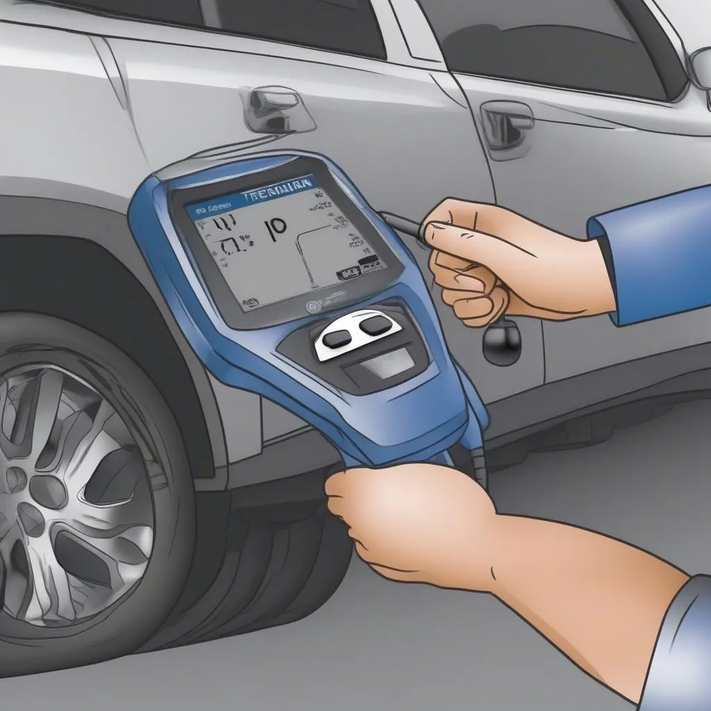 A technician using a TPMS scan tool to diagnose a car's tire pressure monitoring system