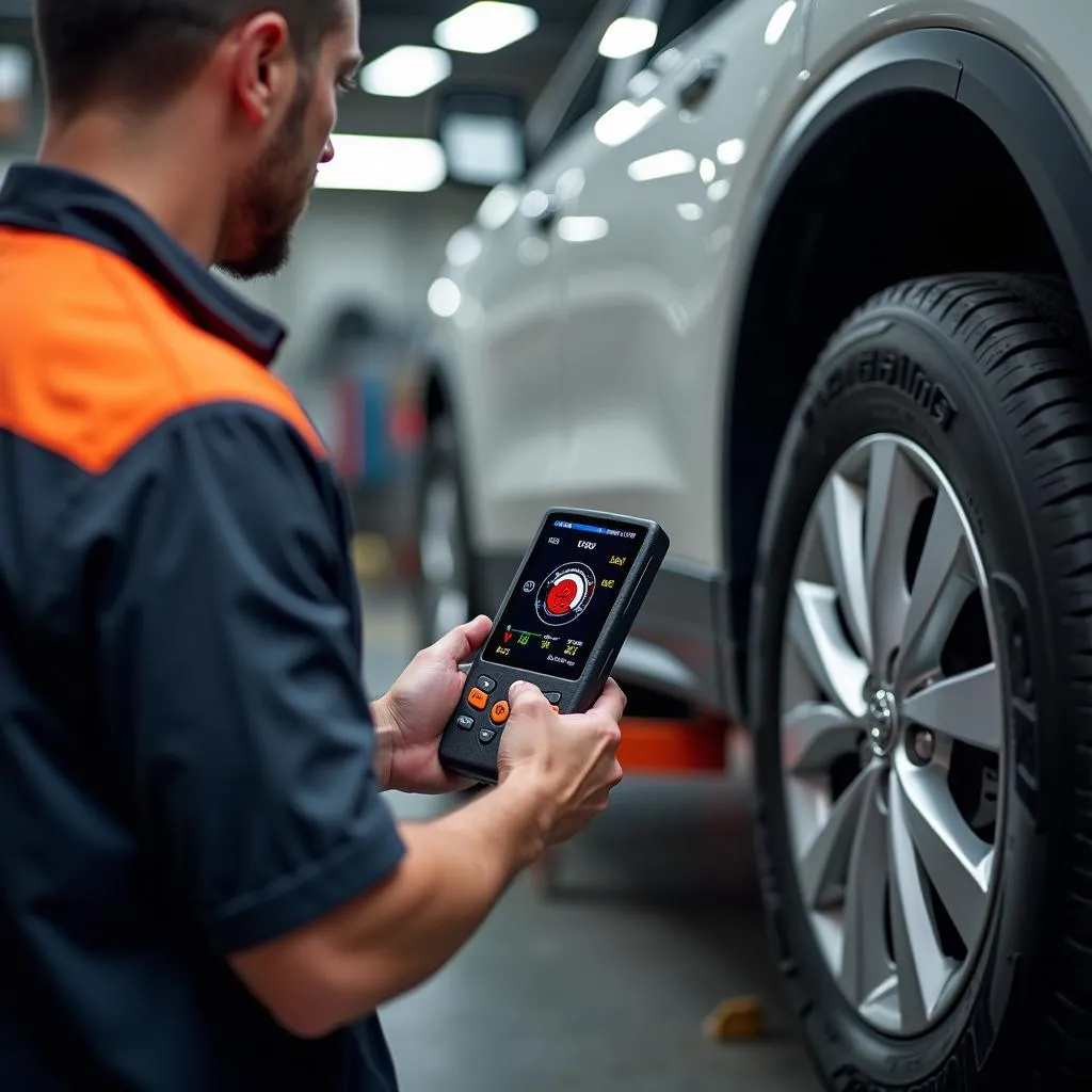 Mechanic using a TPMS scan tool on a Nissan