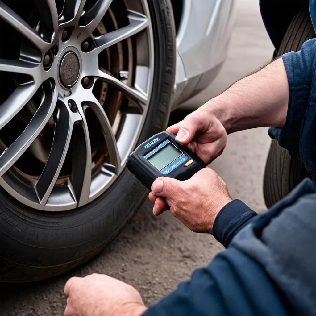 Mechanic using a TPMS diagnostic tool on a car tire