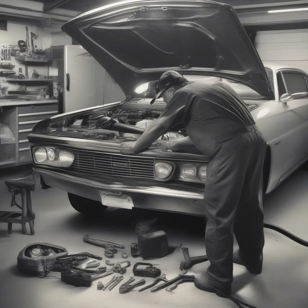 Mechanic inspecting car transmission