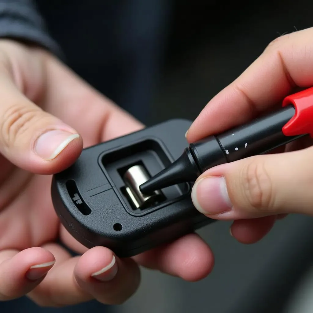 Close-up image of a car key fob battery and a mechanic's hand holding a multimeter