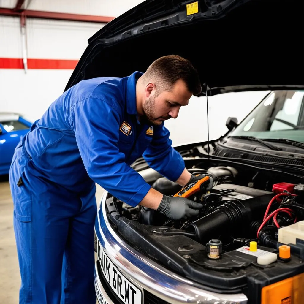 Mechanic checking truck battery