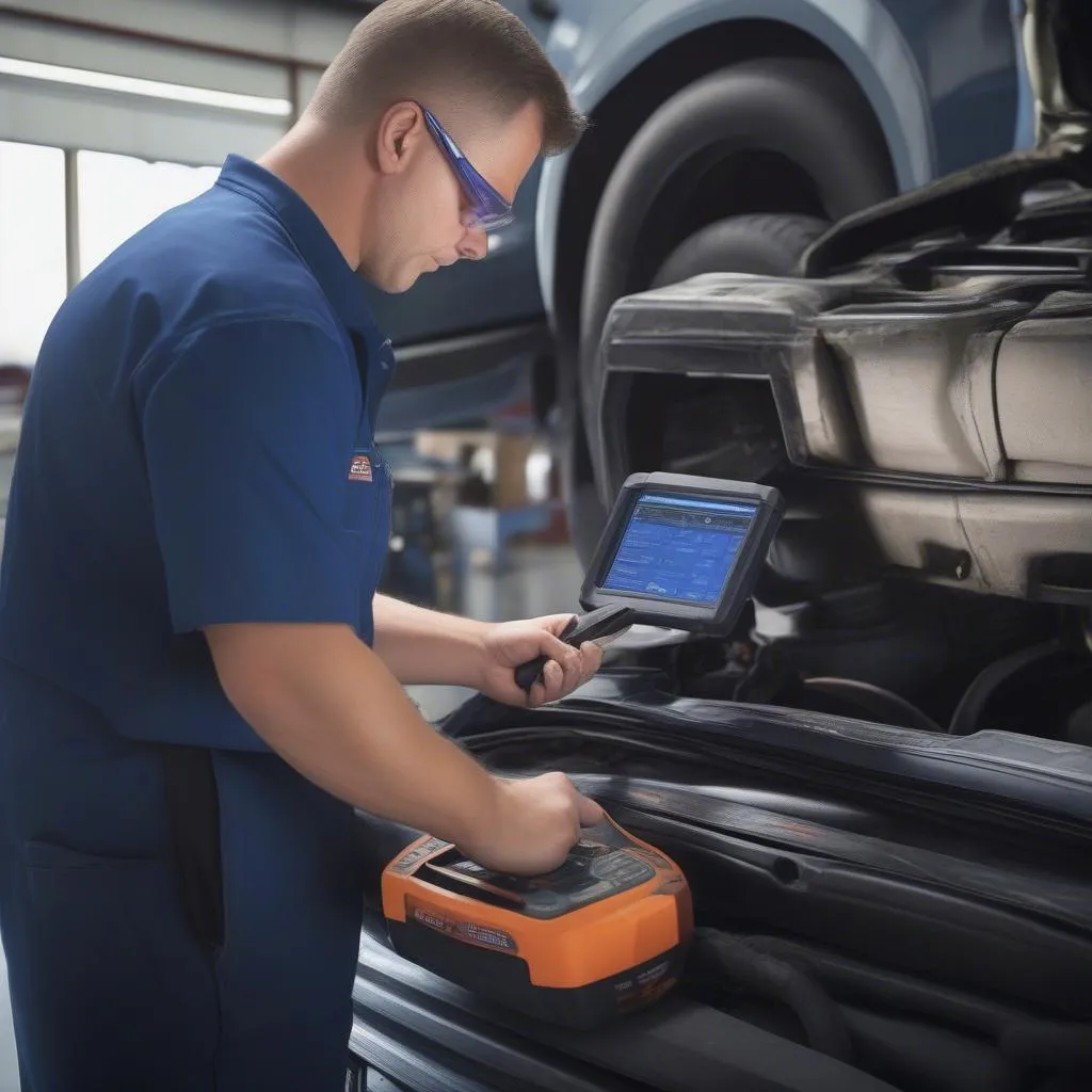 Mechanic Using a Nexiq Heavy-Duty Scan Tool to Diagnose Truck Problems