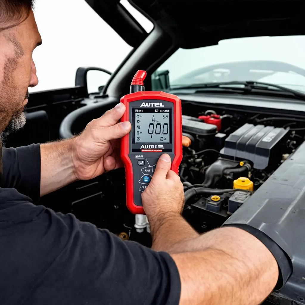 Truck Mechanic Using Autel Scan Tool