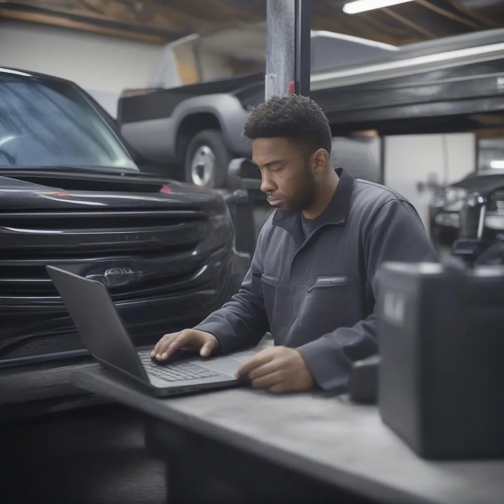 Truck mechanic using diagnostic software