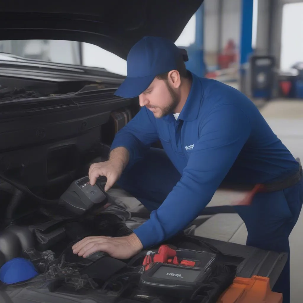 Mechanic using a NEXAS NL102 Plus scan tool on a truck engine.