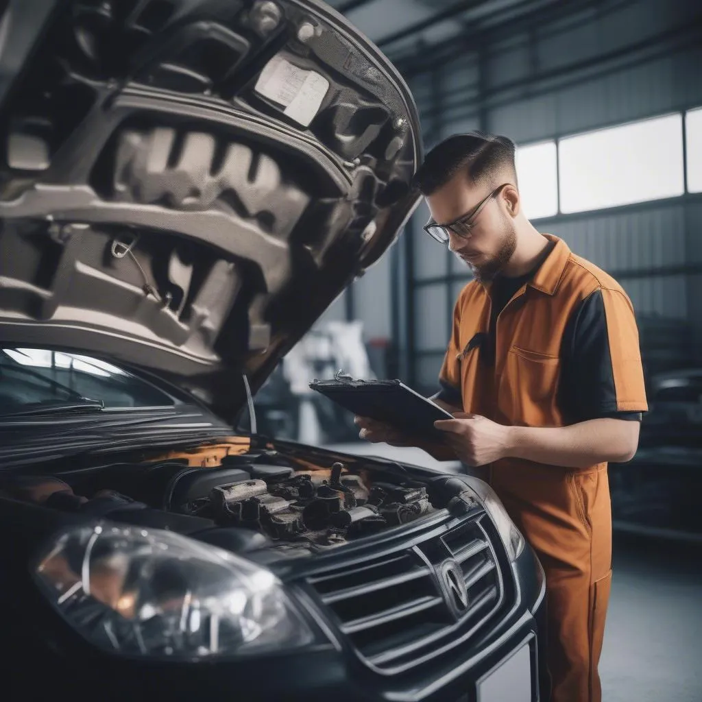 Car Mechanic Inspecting Engine