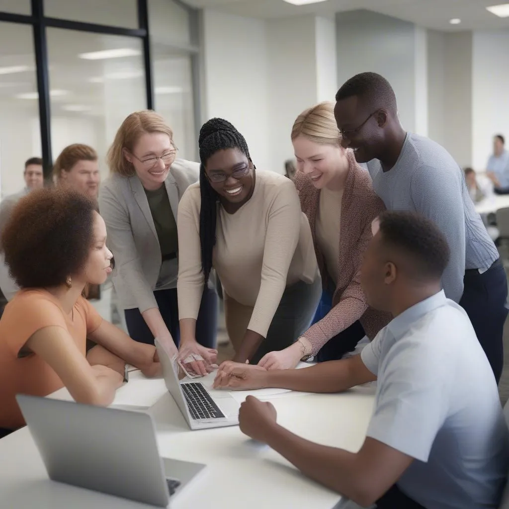 A diverse team of United Health Care employees working together