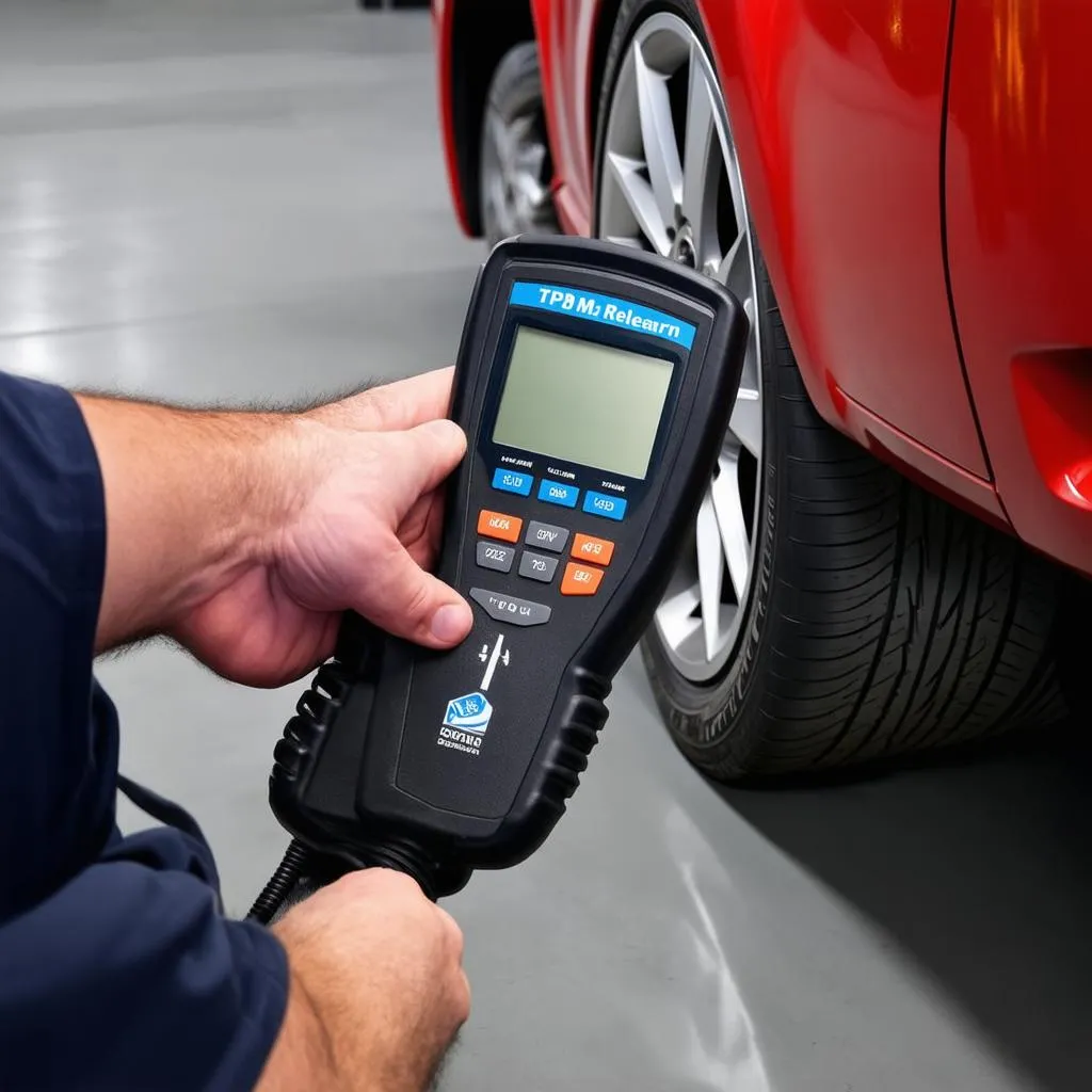 Mechanic using a universal TPMS relearn tool on a car tire.