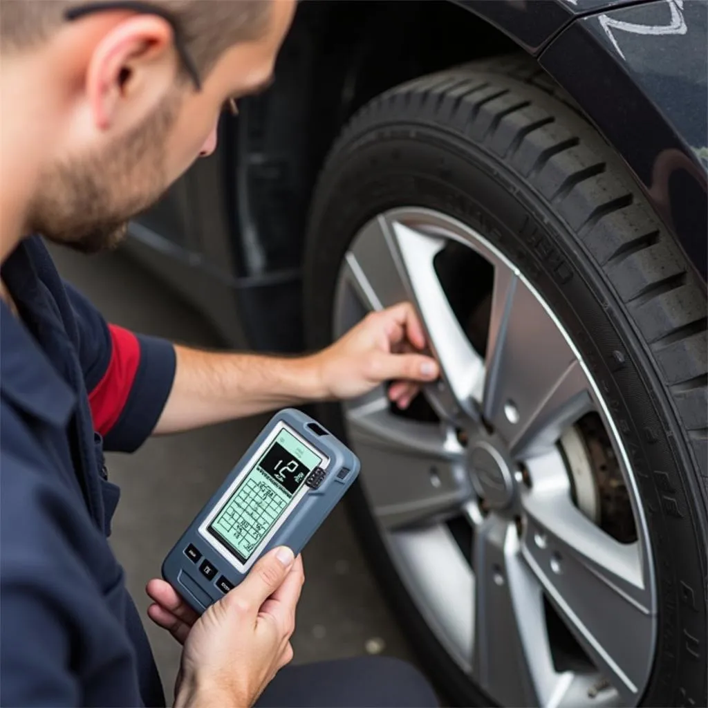 Mechanic using a universal TPMS scan tool to diagnose a tire pressure issue on a car