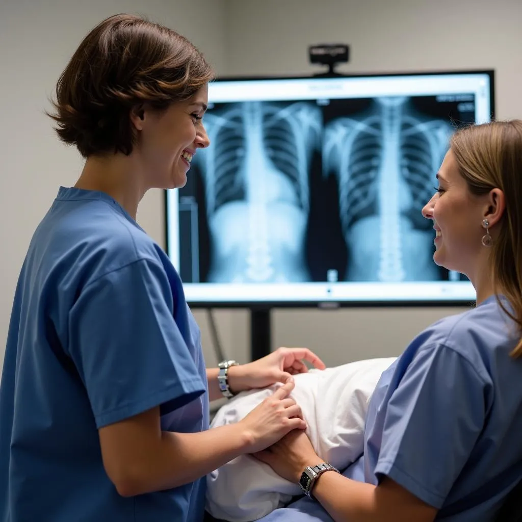 Friendly x-ray technician assisting patient