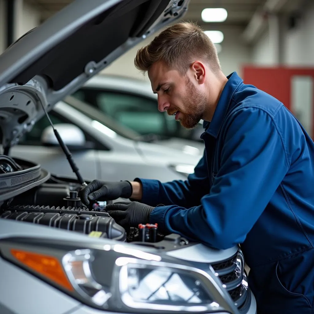 Mechanic inspecting a used car in Iowa City