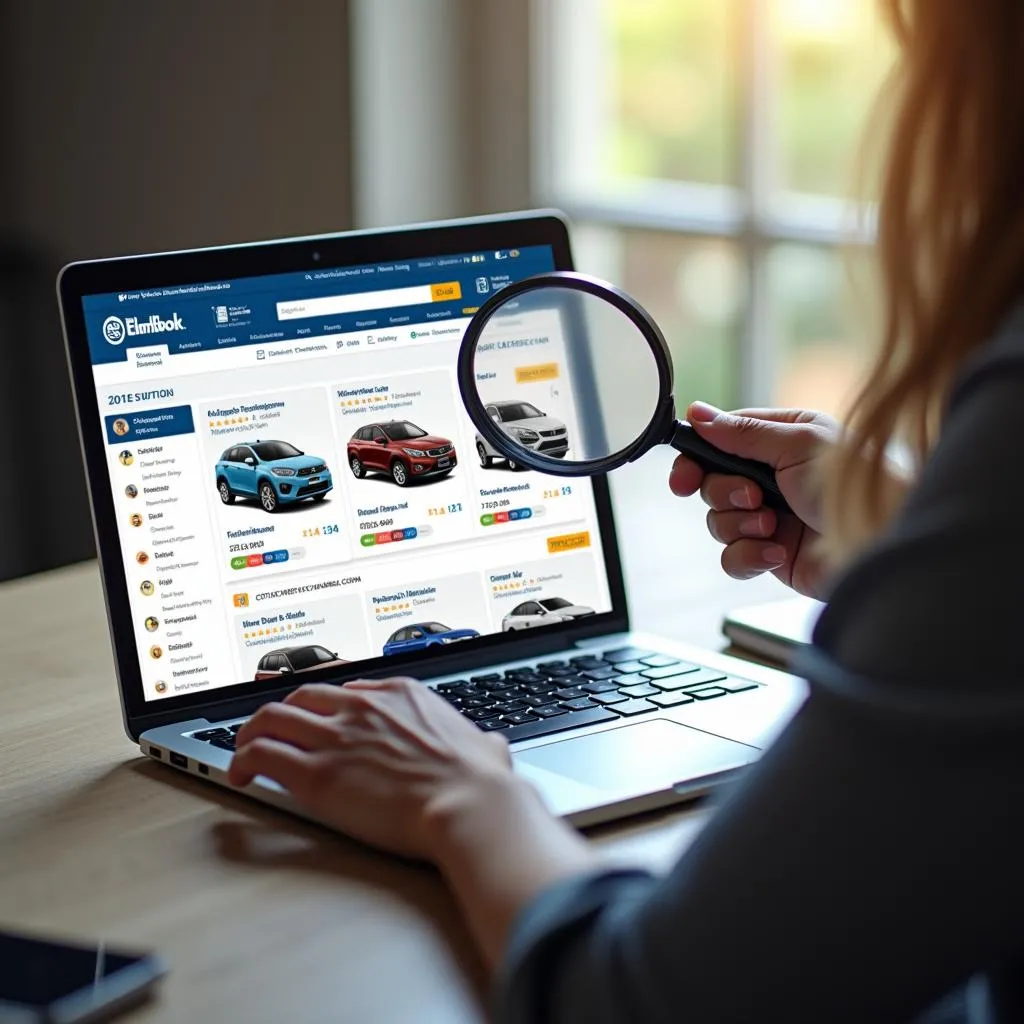 Researching used cars online on a laptop