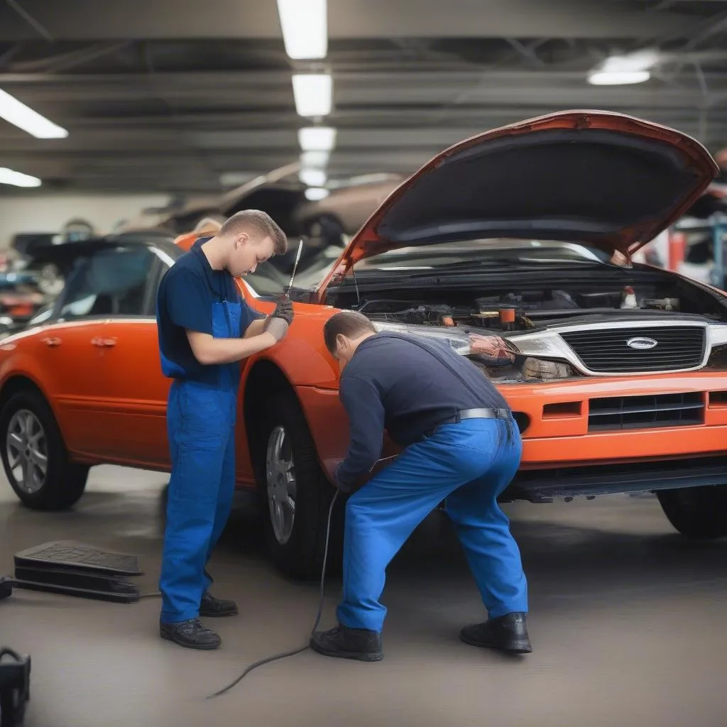 A mechanic inspecting a used car