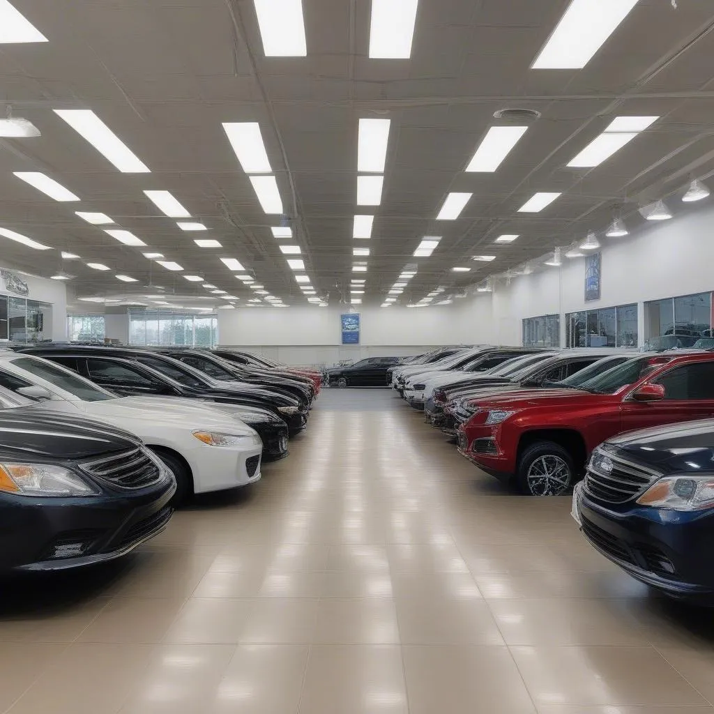 A used car dealership showroom with a variety of cars on display