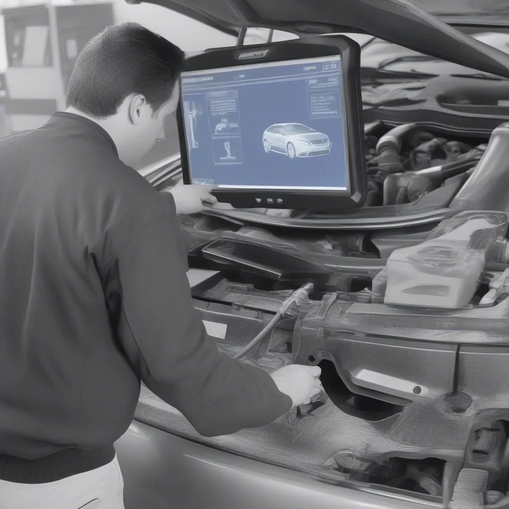 A technician using a used scan tool for diagnosing a European car