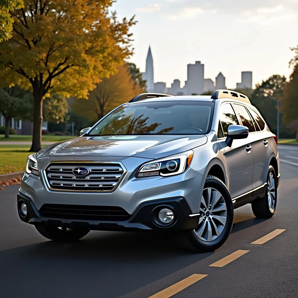 Used Subaru Outback parked in front of a scenic Portland backdrop