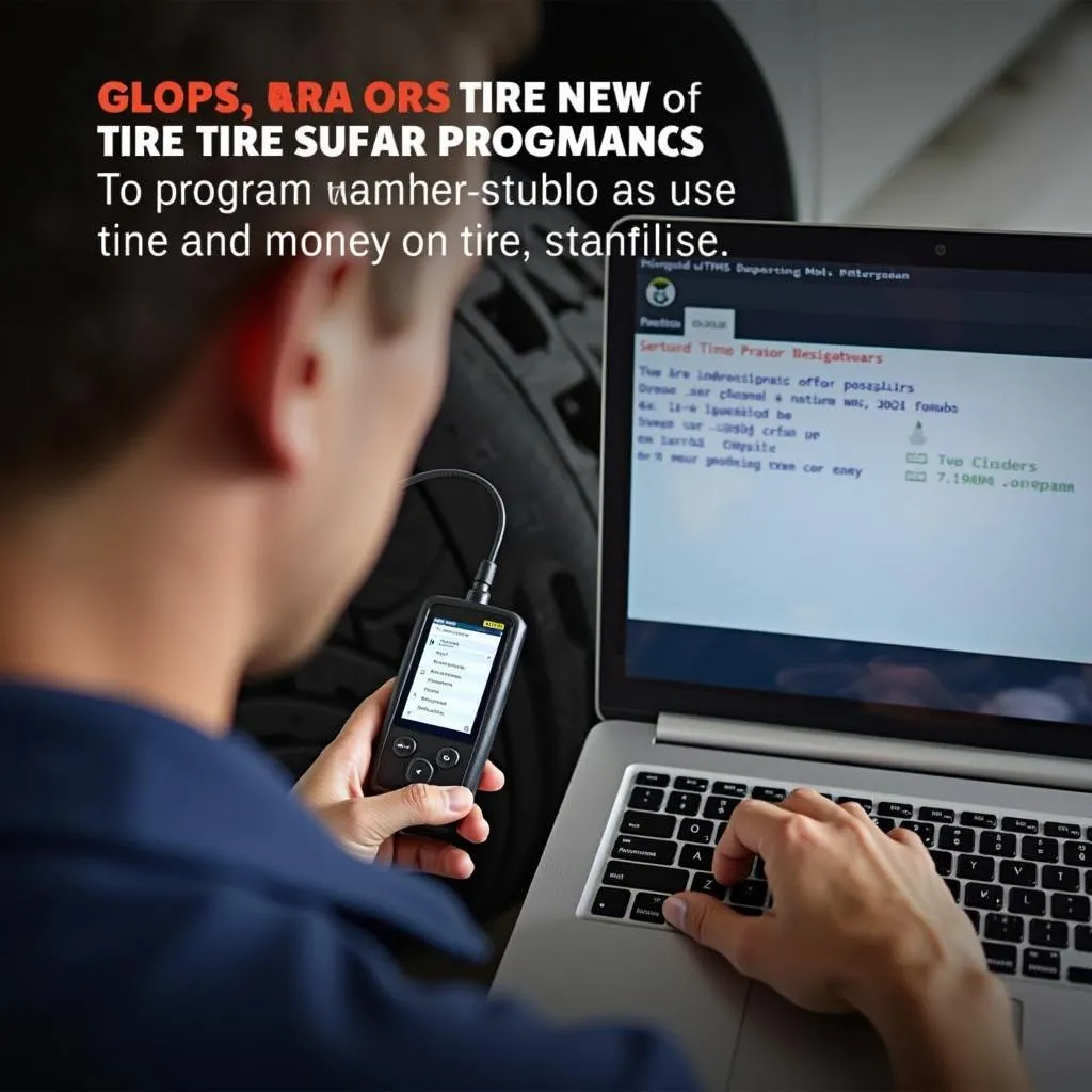 A mechanic using a universal TPMS scan tool to program new tire pressure sensors during a tire change