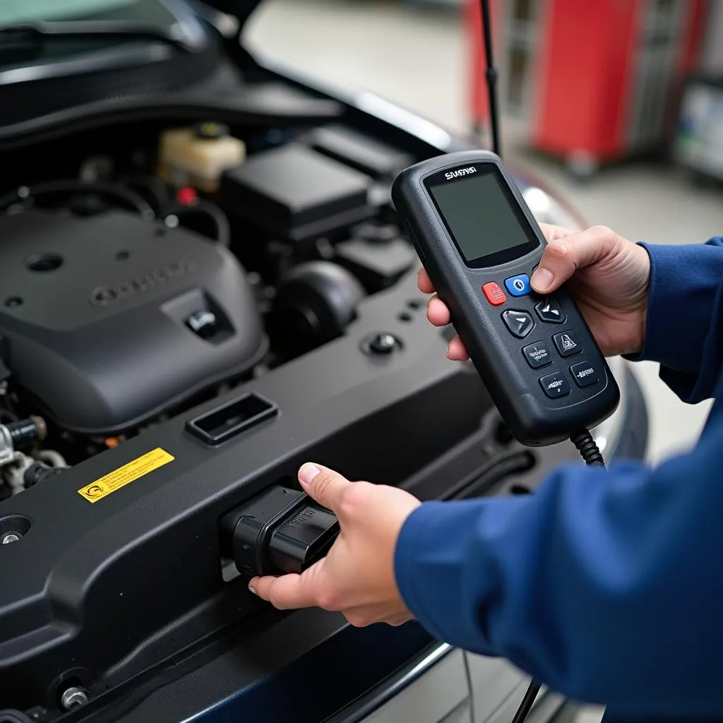 Mechanic using OBD11 scan tool on a car