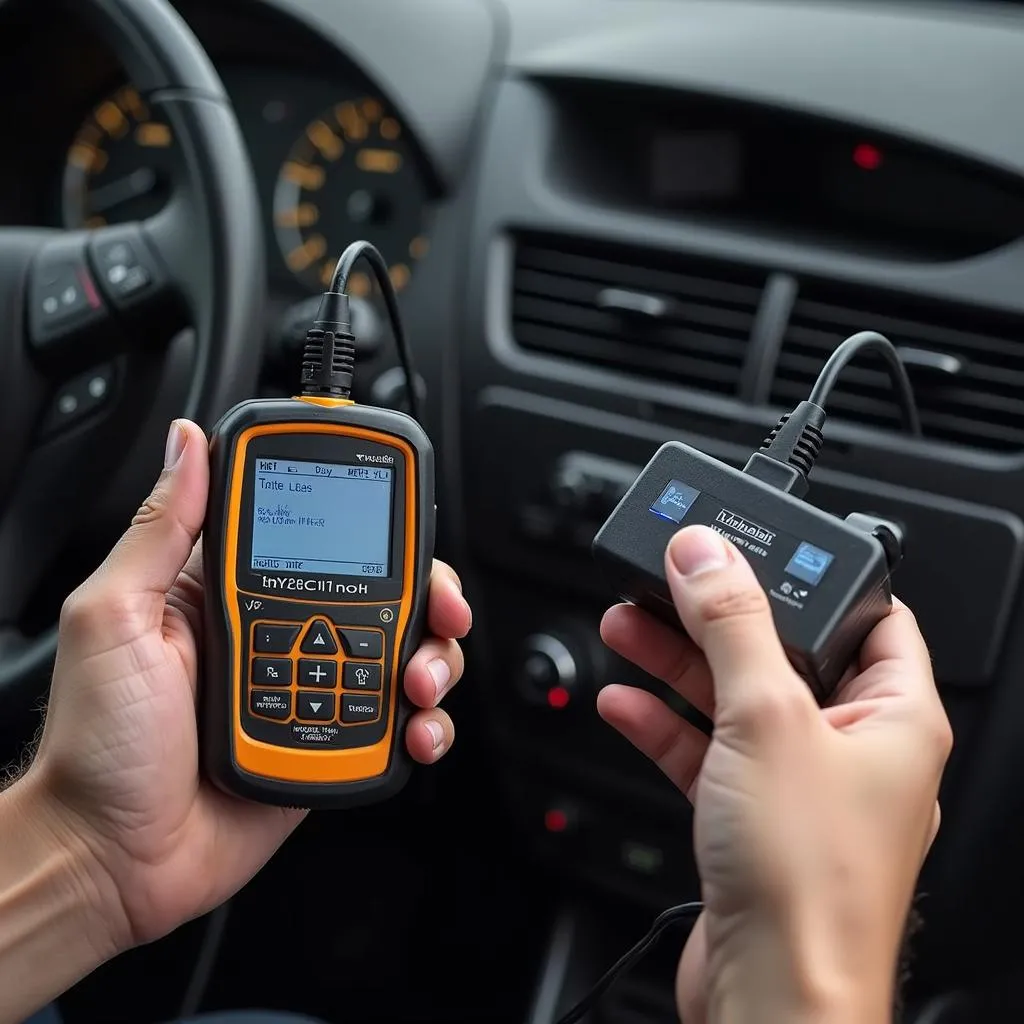 A person using a supercheap OBD scan tool to diagnose car problems