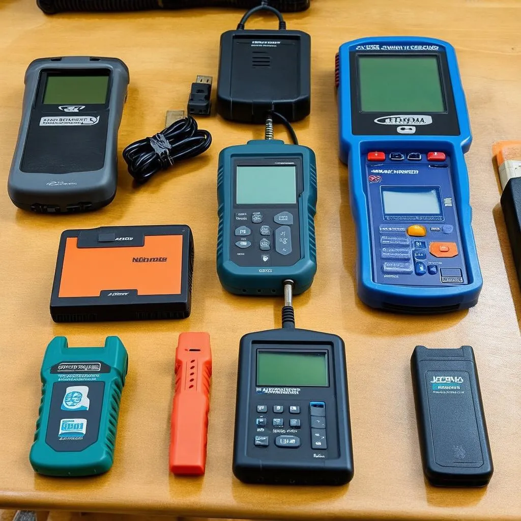 A variety of automotive scan tools on display.