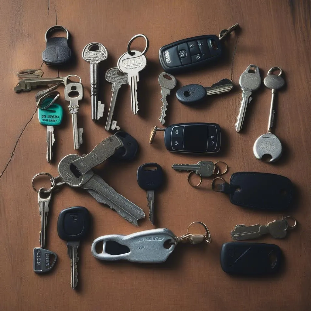 A collection of different car keys and key fobs