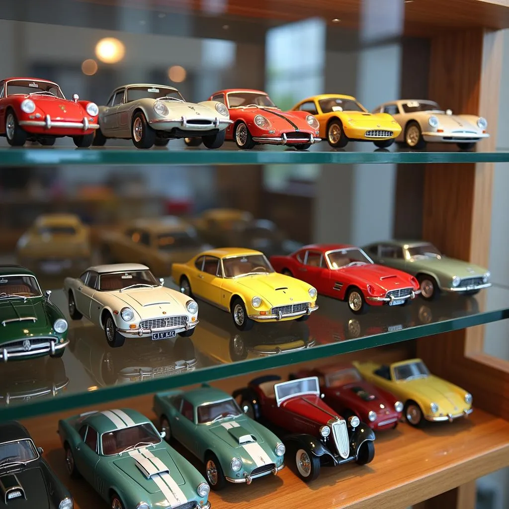 Collection of various model cars on display